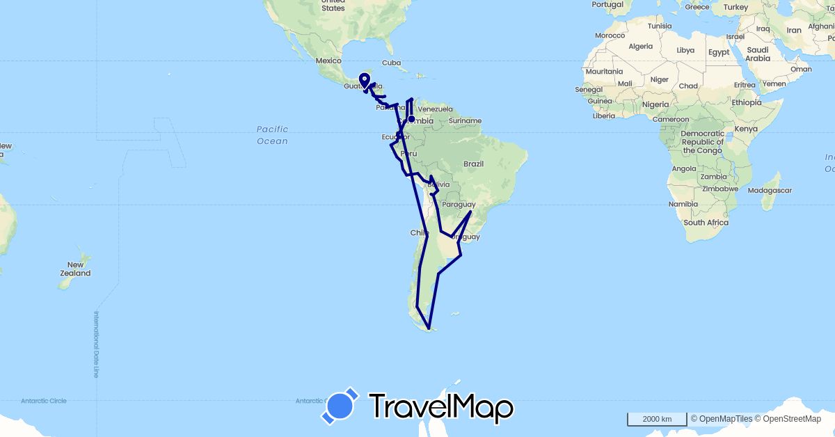 TravelMap itinerary: driving in Argentina, Bolivia, Colombia, Costa Rica, Ecuador, Honduras, Nicaragua, Panama, Peru, El Salvador (North America, South America)